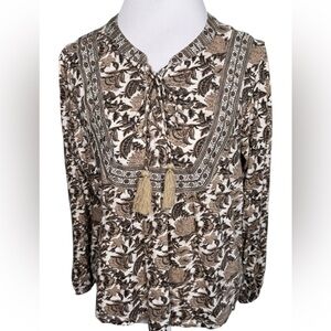 Lucky Brand Brown Tan Floral Peasant Blouse with Tassels Size Large